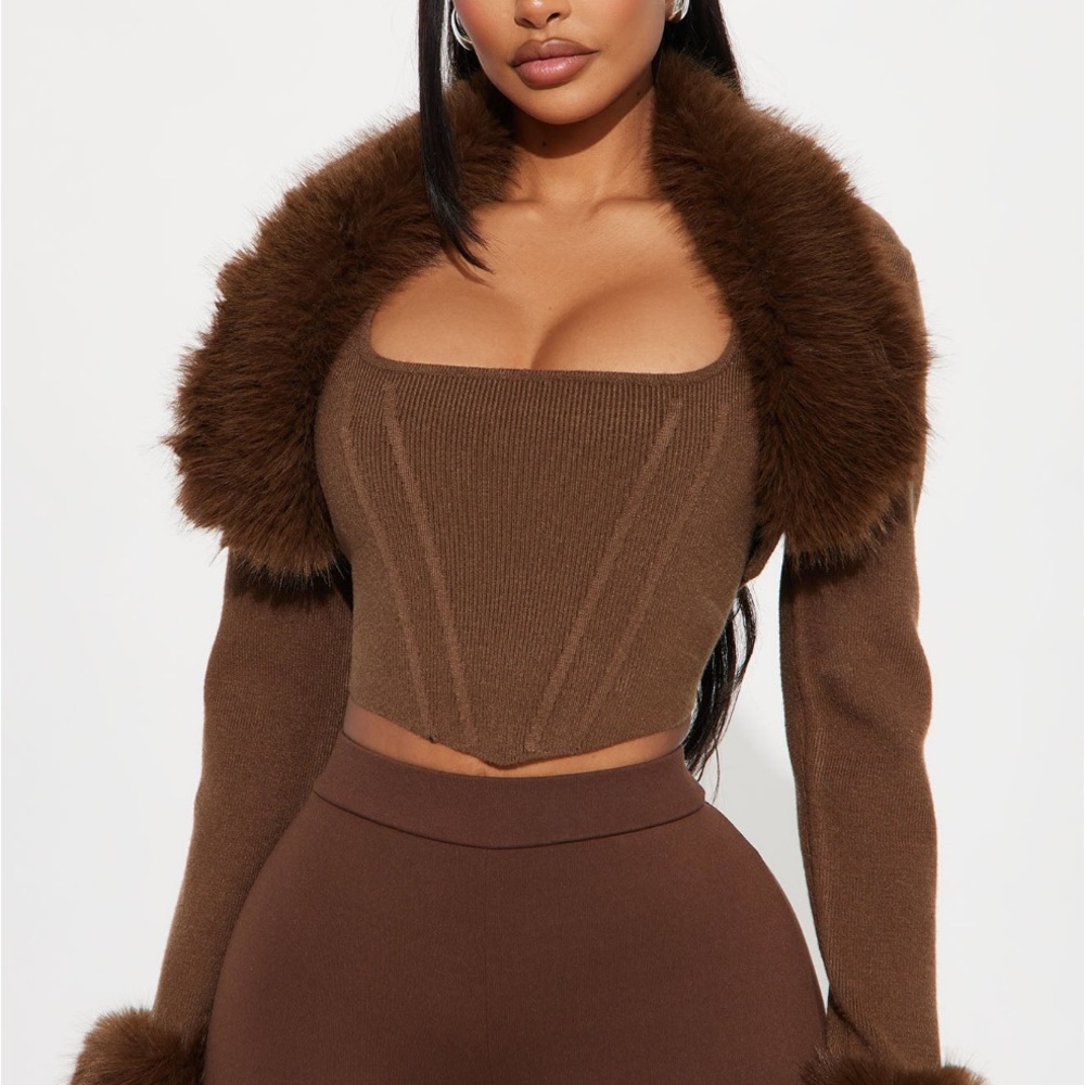 Fashion Nova Brown Faux Fur Trim Crop Top